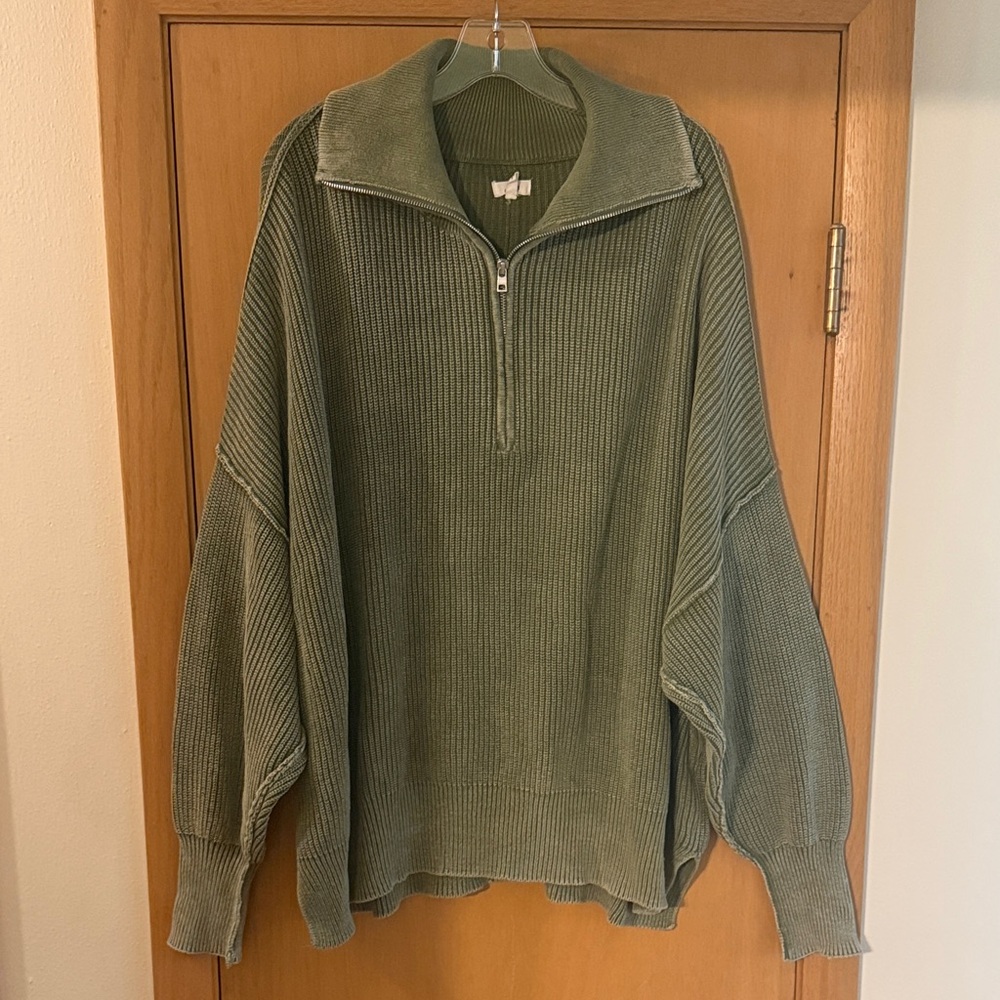 aerie Olive Green Quarter-Zip Ribbed Sweater